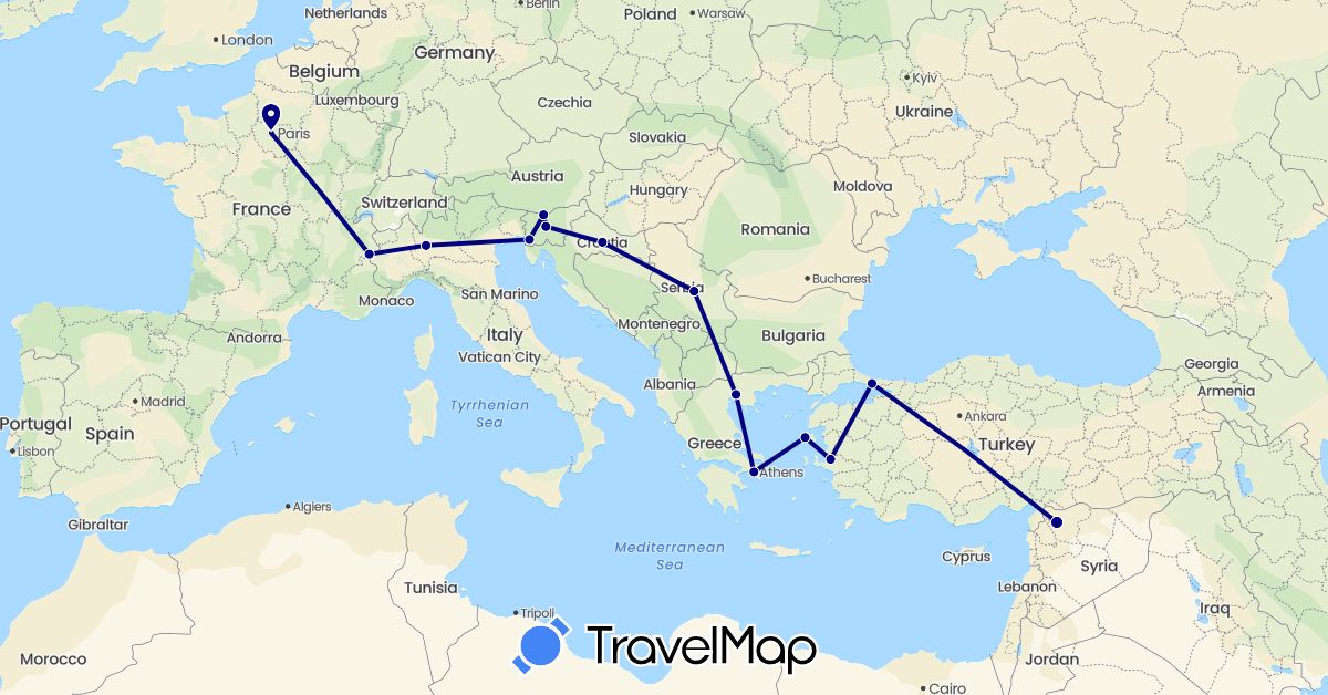 TravelMap itinerary: driving in France, Greece, Croatia, Italy, Serbia, Slovenia, Syria, Turkey (Asia, Europe)